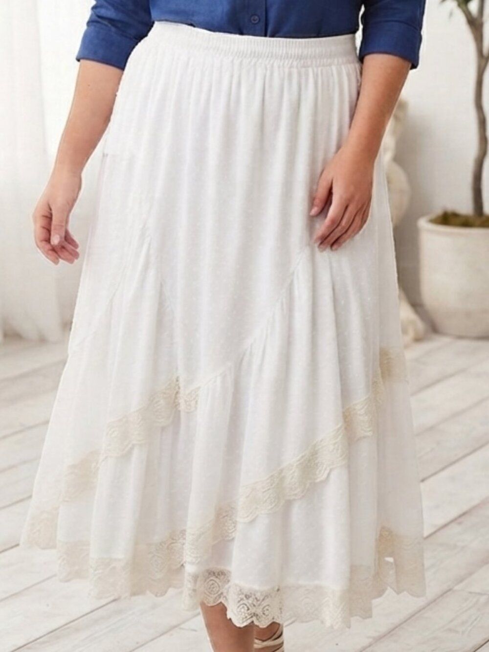 Denim 24/7 White Maxi Skirt with Lace Trim